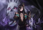  1girl bangle black_hair black_shirt bracelet breasts breasts_apart bridal_gauntlets center_opening cloak commission ghost glowing glowing_eyes granblue_fantasy grin hair_over_one_eye hand_up highres holding holding_staff hood hood_up hooded_cloak jewelry lich_(granblue_fantasy) long_hair looking_at_viewer mizoshi-x purple_eyes purple_nails sharp_teeth shawl shirt skull small_breasts smile solo staff teeth turtleneck upper_body 