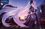  1girl ahoge black_dress blue_sky breasts cityscape dress fate/grand_order fate_(series) flower gradient_sky grey_hair hair_flower hair_ornament highres jeanne_d&#039;arc_alter_(fate) jeanne_d&#039;arc_alter_(over_the_same_sky)_(fate) large_breasts long_hair long_sleeves looking_at_viewer official_art purple_shrug purple_sky shrug_(clothing) sky smile solo takeuchi_takashi twilight very_long_hair yellow_eyes 