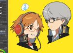  2boys art_program_in_frame glasses grey_hair hanamura_yousuke headphones male_focus multiple_boys musical_note narukami_yu nt_26 persona school_uniform spoken_musical_note yasogami_school_uniform yellow_background 