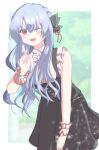  1girl ;d absurdres alternate_costume alternate_hairstyle black_bow black_skirt blue_hair blurry blurry_background blush border bow braid buttons center_frills collared_shirt commentary crown_braid feet_out_of_frame frilled_shirt frilled_wrist_cuffs frills hair_bow hair_ribbon hand_up happy heart_button high-waist_skirt highres inashiso_(nonsugar) index_finger_raised jirai_kei leaning_forward light_particles long_hair long_skirt looking_at_viewer one_eye_closed open_mouth outside_border pink_shirt pink_wrist_cuffs red_eyes red_ribbon ribbon shirt simple_background skirt sleeveless sleeveless_shirt smile solo sorakado_ao standing summer_pockets teeth upper_teeth_only white_border wrist_cuffs 