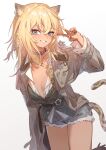  1girl :d absurdres animal_ears arknights arm_up belt belt_buckle belt_collar blonde_hair blue_eyes blush breasts brown_coat buckle chinese_commentary coat collar commentary_request cowboy_shot dark-skinned_female dark_skin gradient_background grey_background grey_belt grey_collar grey_shirt grey_shorts grin hair_between_eyes highres jewelry long_sleeves looking_at_viewer medium_hair morgan_(arknights) multiple_rings no_bra ring sao7 shirt shorts small_breasts smile solo tail v white_background 