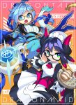 2girls :o adjusting_eyewear apron black_gloves black_hair blue_eyes blue_hair braid bread breasts dragon_girl dragon_horns dragon_tail dragon_tale_fymena dragon_wings duel_monster earrings food glasses gloves green_eyes highres holding holding_tray horns house_dragonmaid jewelry long_hair looking_at_viewer maid maid_apron maid_headdress medium_breasts mole mole_under_eye multiple_girls open_mouth rotix smile tail thighhighs tray wings yu-gi-oh! 