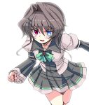  1girl 9-nine- :d black_dress black_hair bloom blue_eyes blush bow bowtie breasts clenched_hand collared_dress commentary dress eyes_visible_through_hair fighting_stance frilled_sleeves frills green_bow green_bowtie hair_between_eyes hair_intakes hair_ornament hairclip heterochromia highres juliet_sleeves leaning_forward long_sleeves looking_at_viewer open_mouth pleated_dress puffy_sleeves red_eyes school_uniform short_hair_with_long_locks simple_background small_breasts smile smug solo symbol-shaped_pupils v-shaped_eyebrows white_background wide_sleeves youei_(maiko) yuuki_noa 