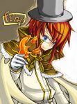  1boy 2000s_(style) blue_eyes brown_cape brown_capelet cape capelet chinese_commentary closed_mouth commentary_request cosket fire fur-trimmed_capelet fur_trim gloves grey_hat hat high_wizard_(ragnarok_online) looking_at_viewer male_focus medium_hair orange_hair pyrokinesis ragnarok_online shirt smile solo top_hat upper_body white_gloves white_shirt 