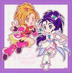  2girls aqua_bow aqua_brooch belt belt_bag belt_buckle black_gloves black_shirt black_shoes black_shorts blue_belt border bow bow_hairband bow_legwear bowtie brooch buckle cellphone clenched_hand coattails commentary cropped_shirt cure_bloom cure_egret deformed dot_nose dotted_line dress earrings eyelashes feather-trimmed_sleeves fingerless_gloves flip_phone forehead frilled_arm_warmers frilled_leg_warmers frilled_skirt frilled_sleeves frills full_body futari_wa_precure_splash_star gloves gold_earrings grey_background grid_background hair_ornament hairband heart heart-shaped_buckle heart_brooch heart_earrings heart_hair_ornament high_ponytail highres hyuuga_saki jewelry knee_up lace-trimmed_skirt lace_trim layered_shirt leg_up leg_warmers long_hair magical_girl medium_hair miniskirt mishou_mai multiple_girls open_mouth orange_eyes outline outside_border outstretched_arms phone pink_arm_warmers pink_bag pink_leg_warmers pink_shirt pink_skirt pointing ponytail precure purple_border purple_hair red_bow red_bowtie shirt shoes short_dress short_ponytail short_sleeves shorts shorts_under_skirt signature skirt skirt_under_dress smile tareme thick_eyebrows two-tone_bag uwded_207 very_long_hair white_arm_warmers white_background white_bag white_bow white_bowtie white_dress white_hairband white_leg_warmers white_outline white_shoes yellow_belt yellow_brooch yellow_hairband 