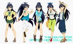  alternate_costume anklet arms_up bangs black_hair blue_eyes boots bow bracelet character_sheet costume_chart earrings fang female full_body ganaha_hibiki grin hair_bow high_heels highres hoop_earrings idolmaster jewelry kyu long_hair looking_at_viewer no_socks open_toe_shoes ponytail sandals shoes shorts smile standing v 
