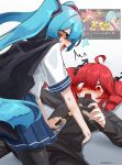  1boy 1girl absurdres black_cape black_eyes black_jacket black_pants black_pantyhose blue_hair blue_skirt blush cape drill_hair genderswap genderswap_(ftm) girl_on_top hair_between_eyes hatsune_miku highres holding_ruler jacket karasu2020_8 kasane_teto kneeling long_hair long_sleeves looking_at_another lying on_back open_mouth pants pantyhose red_eyes red_hair ruler school_uniform serafuku sexually_suggestive sharp_teeth shirt short_sleeves skirt soreike!_chimarupoman_(vocaloid) sweat teeth tongue tongue_out twin_drills twintails upper_teeth_only utau vocaloid white_shirt 