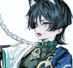  1boy anger_vein animal_ear_fluff animal_ears aqua_belt aqua_collar aqua_sleeves bags_under_eyes belt_collar black_bodysuit black_hair blue_cape blunt_ends bodysuit cape cat_boy cat_ears chain chain_leash collar eyelashes eyeliner eyeshadow fang genshin_impact gold japanese_clothes kimono layered_sleeves leash looking_to_the_side lower_teeth_only makeup male_focus open_clothes open_kimono open_mouth portrait purple_eyes red_eyeliner red_eyeshadow scaramouche_(genshin_impact) short_sleeves shoulder_peek sketch solo teeth tsurime wanderer_(genshin_impact) white_background white_kimono white_sleeves x_x_(batttsu_404) 
