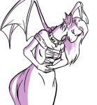 2013 animal_humanoid clothed clothing collar dragon dragon_humanoid european_mythology eyes_closed female frill_(anatomy) fully_clothed halcy0n hands_on_own_belly human_to_anthro humanoid long_neck membrane_(anatomy) membranous_frill membranous_wings mid_transformation monochrome mythological_creature mythological_scalie mythology runes scalie shackled_neck simple_background snout solo species_transformation spread_wings standing story story_in_description tail three-quarter_view transformation western_dragon white_background wings