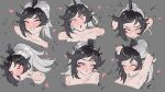  1girl breasts close-up grey_background heiz_illust high_ponytail highres implied_sex indie_virtual_youtuber multicolored_hair multiple_views nand_nodes open_mouth ponytail portrait red_eyes shark_fin shark_girl simple_background solo_focus sweat tongue torogao virtual_youtuber 