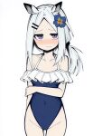  1girl animal_ears arknights ass_visible_through_thighs bad_id bad_twitter_id blue_flower blue_one-piece_swimsuit blush breasts character_request check_character closed_mouth covered_navel cowboy_shot flower frilled_one-piece_swimsuit frills grey_hair groin hair_flower hair_ornament hairclip heavyrain_(arknights) highres long_hair looking_at_viewer makigirisu nose_blush one-piece_swimsuit parted_bangs ponytail purple_eyes sidelocks simple_background small_breasts solo standing sweatdrop swimsuit white_background 