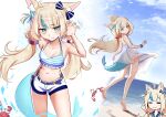  1girl :3 =_= absurdres ahoge animal_ear_fluff animal_ears barefoot beach bikini bikini_under_shorts blonde_hair blue_bow blue_eyes blue_hair blue_nails blue_sky blush blush_stickers bow breasts cat_ears cd_usr claw_pose closed_mouth cloud commentary crab dress english_commentary feet fingernails fins fish_girl fish_tail floating_hair frilled_bikini frills hair_bow hair_ornament highleg highleg_bikini highres indie_virtual_youtuber long_hair looking_at_viewer low_twintails motion_lines multicolored_hair multiple_views nail_polish navel ocean one_side_up sameko_saba shore short_shorts shorts side-tie_bikini_bottom sky sleeveless sleeveless_dress small_breasts smile soles standing standing_on_one_leg streaked_hair string_bikini striped_bikini striped_clothes sundress swimsuit tail twintails very_long_hair virtual_youtuber white_dress white_shorts 