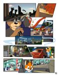 ailurid anthro art_(pandapaco) bear biro_(pandapaco) bottomwear bus_stop canid canine car cheek_tuft clothed clothing comic detailed_background dipstick_tail duo eyewear facial_tuft feet_together footwear fox fully_clothed giant_panda gloves_(marking) hi_res julio_(pandapaco) male mammal markings nemo_(pandapaco) pandapaco parinton procyonid raccoon red_panda tail tail_markings tuft vehicle