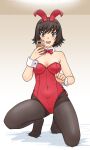  1girl animal_ears black_eyes black_hair black_pantyhose bow bowtie breasts cellphone character_request cleavage copyright_request detached_collar fake_animal_ears full_body holding holding_phone kneeling leotard looking_at_viewer nontraditional_playboy_bunny open_mouth pantyhose phone playboy_bunny rabbit_ears red_bow red_bowtie red_leotard reflection selfie short_hair side-tie_leotard smartphone solo strapless strapless_leotard teeth uona_telepin upper_teeth_only wrist_cuffs 