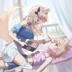  2girls absurdres animal_ears blonde_hair blue_camisole blue_eyes blue_hair blue_skirt braid breasts camisole clothes_writing day dog_ears dog_girl dog_tail frilled_camisole frills fuwawa_abyssgard fuwawa_abyssgard_(casual) girl_on_top hair_intakes hair_ornament hairclip half_up_half_down_braid highres holding holding_brush holding_makeup_brush hololive hololive_english indoors lesbians_doing_makeup_(meme) linhcoris long_hair looking_at_another lying makeup makeup_brush medium_breasts meme mococo_abyssgard mococo_abyssgard_(casual) multicolored_hair multiple_girls official_alternate_costume official_alternate_hairstyle on_bed pink_eyes pink_hair plaid_camisole short_hair siblings side_braids sisters skirt small_breasts straddling streaked_hair tail twins two_side_up virtual_youtuber white_camisole white_skirt 