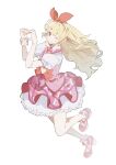  1girl absurdres aikatsu! aikatsu!_(series) blonde_hair bow bow_hairband circle_skirt closed_mouth collared_shirt collared_vest cross-laced_shoes eyelashes floating_clothes footwear_bow frilled_skirt frilled_sleeves frilled_socks frilled_wrist_cuffs frills full_body hairband heart heart_hands high_heels highres hoshimiya_ichigo idol lapels layered_skirt leg_up long_hair miniskirt morgue_(southsakura) necktie notched_lapels one_eye_closed pink_shoes pink_skirt pink_vest plaid_clothes plaid_skirt pleated_skirt pocket puffy_short_sleeves puffy_sleeves pumps red_bow red_eyes red_hairband red_necktie running shirt shoes short_sleeves simple_background single_wrist_cuff skirt smile socks solo tareme very_long_hair vest waist_bow wavy_hair white_background white_shirt white_skirt white_socks white_wrist_cuffs wrist_bow wrist_cuffs 