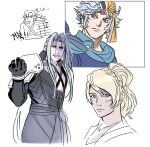  1girl 3boys arm_up armor bandana blonde_hair blue_eyes brown_eyes closed_mouth dirty dirty_face final_fantasy final_fantasy_ii final_fantasy_vii final_fantasy_xv firion forehead_jewel gem genesis_rhapsodos green_eyes grey_hair grin highres long_hair lunafreya_nox_fleuret multiple_boys newb_ff7r pauldrons red_gemstone sephiroth short_hair shoulder_armor smile 