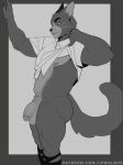 2025 anthro artist_name balls cheek_tuft claws clothed clothing clothing_lift collared_shirt digital_drawing_(artwork) digital_media_(artwork) digital_painting_(artwork) domestic_cat dress_shirt edmund_church facial_tuft felid feline felis flaccid footwear fur garter_belt garter_belt_socks garter_straps genitals greyscale hi_res humanoid_genitalia humanoid_penis lackadaisy lewalrus looking_at_viewer male mammal monochrome mostly_nude nipples painting_(artwork) partially_clothed penile penis pinup portrait pose presenting shirt shirt_lift signature simple_background sketch socks solo tail text three-quarter_portrait topwear tuft twunk url whiskers