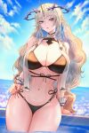 1girl absurdres alternate_costume bikini black_bikini blonde_hair blue_eyes blue_hair blue_sky breasts colored_inner_hair commentary criss-cross_straps crown_of_thorns day earrings english_commentary fleurdelys_(wuthering_waves) floating_earrings groin hand_on_own_hip heart highres horns huge_breasts jewelry long_hair long_horns looking_at_viewer mcdobo multicolored_hair nail_polish navel open_mouth outdoors paid_reward_available parted_lips pointy_ears purple_nails sidelocks single_horn sky smile solo stomach swimsuit tacet_mark_(wuthering_waves) thighs underboob very_long_hair wading wuthering_waves yellow_horns 
