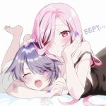  2girls bare_shoulders black_dress blush breasts closed_mouth commentary dress highres hololive hololive_english kamiya_maneki koseki_bijou large_breasts long_hair looking_at_viewer mori_calliope multicolored_hair multiple_girls official_alternate_hairstyle one_eye_closed open_mouth pink_eyes pink_hair shirt sleepy streaked_hair symbol-only_commentary teeth two-tone_hair upper_teeth_only virtual_youtuber white_background white_shirt 