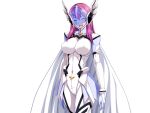  1girl blue_skin bodysuit breasts cape closed_eyes colored_skin covered_navel covered_nipples face_shield game_cg gentle_sasaki helmet large_breasts long_hair non-web_source official_art open_mouth pink_hair prism_reica shindou_hatsune skin_tight smile solo soukou_senki_prism_reica transparent_background wings 
