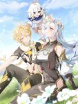  1boy 2girls absurdres aether_(genshin_impact) arano_(waikuni11) black_bodysuit blonde_hair blue_hair bodystocking bodysuit braid breast_curtain clothing_cutout covered_navel genshin_impact hair_over_one_eye highres hip_vent long_hair low-braided_long_hair low-tied_long_hair multiple_girls paimon_(genshin_impact) shenhe_(genshin_impact) shoulder_cutout smile 