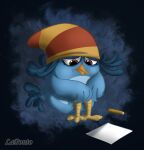 2024 amber_eyes angry_birds angry_birds_stella anthro avian beak bird blue_body blue_feathers broken_pencil clothing depressing feather_hair feathers female hair hat headgear headwear hi_res lapontoart paper pseudo_hair rovio_entertainment sad sega sitting solo sony_corporation striped_hair willow_(angry_birds)