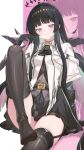  1girl absurdres arknights ascot black_ascot black_gloves black_hair black_halo black_thighhighs blush breasts chinese_commentary closed_mouth collared_shirt commentary dark_halo elbow_gloves feet gloves grey_eyes halo highres kampswe_galong leg_up long_hair looking_at_viewer mole mole_under_eye shirt short_sleeves sitting smile solo thighhighs very_long_hair virtuosa_(arknights) white_shirt zoom_layer 