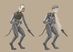 absurd_res anthro armor bodysuit bulletproof_vest cape claws clothing concept_art devarg digital_drawing_(artwork) digital_media_(artwork) domestic_cat felid feline felis fur grappling_hook green_eyes grey_bodysuit grey_clothing grey_skinsuit gun handgun headgear helmet hi_res knee_pads knife male mammal markings orange_markings pistol ranged_weapon side_view simple_background skinsuit slim solo standing tight_clothing veil weapon white_body white_fur