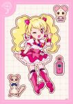  1girl blonde_hair boots border bow bow_skirt cellphone chiffon_(fresh_precure!) choker clover clover_brooch cross-laced_clothes cross-laced_skirt cure_peach deformed dot_nose dotted_line earrings eyelashes four-leaf_clover fresh_precure! frilled_shirt frilled_skirt frilled_sleeves frills full_body grey_background grid_background hair_ornament heart heart_earrings heart_hair_ornament high-waist_skirt high_heel_boots high_heels highres jewelry knee_boots kneehighs leaning_forward long_hair looking_at_viewer magical_girl miniskirt momozono_love one_eye_closed open_mouth outline phone pink_boots pink_border pink_bow pink_choker pink_eyes pink_skirt pointing pointing_up precure puffy_short_sleeves puffy_sleeves purple_socks ribbon-trimmed_shirt ribbon_trim shirt short_sleeves signature skirt smile socks square_neckline standing tareme tart_(fresh_precure!) twintails uwded_207 waist_bag white_bag white_outline white_shirt wrist_bow wristband 