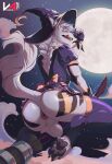  2024 anthro anus artist_name black_nose black_pawpads broom broom_riding canid canine cleaning_tool clothing dated fangs fur hat headgear headwear hi_res licking licking_lips licking_own_lips looking_at_viewer male male_anthro mammal moon narrowed_eyes night open_mouth open_smile outside pawpads perineum presenting presenting_anus presenting_balls purple_clothing purple_hat purple_headwear purple_topwear smile solo teeth text tongue tongue_out topwear vesper_art white_body white_fur witch_hat 
