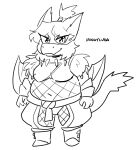 2025 4_fingers alternate_species anaugi anthro armor black_and_white boots breastplate capcom clothed clothing female fingers fishnet_clothing fishnet_legwear fishnet_topwear flying_wyvern footwear hair legwear monochrome monster_hunter nargacuga navel nuggy_(anaugi) ponytail scalie shoes simple_background solo standing star_eyes starry_eyes tail topwear trans_(lore) trans_woman_(lore) vambrace winged_arms wings