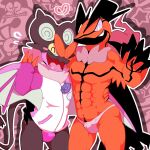 1:1 anthro archived_source blush clothed clothing duo generation_6_pokemon happy hi_res horn jacket jockstrap legendary_pokemon male moesouna_gomi neck_tuft nintendo noivern pantsless_male pattern_background pokemon pokemon_(species) purple_clothing purple_underwear simple_background symbol topwear tuft underwear white_clothing white_underwear wings yveltal