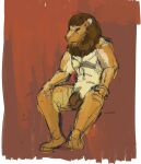 anthro balls brown_body brown_fur brown_mane colored colored_sketch feet felid flaccid fur genitals guide_lines hand_on_knee hand_on_leg jeri_kleinlowe lion male mammal mane muscular muscular_male nude_male pantherine penis red_background simple_background sketch smile solo tan_body tan_fur