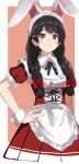 1girl animal_ear_hairband animal_ears apron black_hair bow braid dress fake_animal_ears hair_bow hair_ornament hairband hairclip hand_on_own_hip highres isshiki_(ffmania7) long_hair looking_at_viewer nijisanji puffy_short_sleeves puffy_sleeves purple_eyes rabbit_ear_hairband rabbit_ears red_dress short_sleeves smile solo tsukino_mito tsukino_mito_(spring_maid) twin_braids waitress white_apron wrist_cuffs 