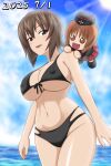  2girls abs absurdres bikini birthday black_bikini black_hat black_jacket black_shoes blush bow bow_bikini breasts brown_eyes brown_hair covered_nipples dated front-tie_bikini_top front-tie_top garrison_cap girls_und_panzer hands_on_another&#039;s_shoulders hat highres jacket kuromorimine_military_uniform large_breasts looking_at_another looking_at_viewer megi2009 military military_hat military_uniform miniskirt multi-strapped_bikini_bottom multiple_girls navel nishizumi_maho nishizumi_miho ocean open_mouth pleated_skirt red_shirt shirt shoes skirt stuffed_toy summer sun swimsuit 