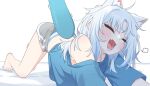 1girl all_fours animal_ear_fluff animal_ears barefoot black_shorts blue_nails blue_shirt blue_streaks blunt_bangs blush cat_ears cat_stretch closed_eyes dolphin_shorts fins fish_tail gawr_gura highres hololive hololive_english long_hair multicolored_hair multicolored_panties off-shoulder_shirt off_shoulder on_bed open_mouth oversized_clothes oversized_shirt panties panty_peek shark_girl shark_tail sharp_teeth shirt shorts single_bare_shoulder solo streaked_hair stretching striped_clothes striped_panties tail teardrop tears tears_from_one_eye teeth top-down_bottom-up ugaaaa1 underwear virtual_youtuber white_background white_hair yawning 