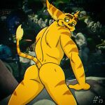 2023 anthro brown_eyebrows brown_nose butt digital_drawing_(artwork) digital_media_(artwork) eyebrows fabfelipe fur green_eyes hi_res lombax looking_back male mammal markings nude_anthro nude_male pinup pose ratchet_(ratchet_and_clank) ratchet_and_clank smile solo sony_corporation sony_interactive_entertainment striped_body striped_fur striped_markings striped_tail stripes tail tail_markings tail_tuft tuft yellow_body yellow_fur