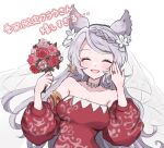  1girl animal_ears bare_shoulders blush braid breasts bridal_veil chagame collarbone dress erune flower fraux fraux_(formal)_(granblue_fantasy) granblue_fantasy grey_hair hair_flower hair_ornament highres jewelry long_hair medium_breasts open_mouth ring smile solo upper_body veil very_long_hair wedding_dress wedding_ring 