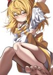  1girl absurdres arm_up artist_request averting_eyes back_bow bare_shoulders black_choker blonde_hair blurry blurry_foreground blush bow choker commentary_request commission convenient_leg dress feet frown halterneck highres horns korean_commentary long_hair long_sleeves looking_down mase_(hwangabi) multicolored_dress off-shoulder_dress off_shoulder original red_horns simple_background sitting toes white_background white_dress yellow_bow yellow_dress yellow_eyes 