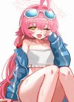  1girl ;d absurdres ahoge bikini blue-tinted_eyewear blue_archive blue_jacket blush cm_(efrs8233) eyewear_on_head fang frilled_bikini frills hair_between_eyes hair_bobbles hair_ornament halo highres hoshino_(blue_archive) hoshino_(swimsuit)_(blue_archive) jacket long_hair long_sleeves looking_at_viewer low_twintails official_alternate_costume one_eye_closed open_clothes open_mouth pink_hair pink_halo simple_background sitting sleeves_past_wrists smile solo swimsuit tinted_eyewear twintails very_long_hair white-framed_eyewear white_background white_bikini 