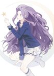 1girl absurdres aikatsu! aikatsu!_(series) blazer blue_jacket blue_socks boots bow buttons center_frills closed_mouth collared_jacket collared_shirt expressionless eyelashes foot_out_of_frame footwear_bow frilled_shirt_collar frilled_socks frills hairband high_heel_boots high_heels high_ponytail highres jacket kanzaki_mizuki knee_boots kneehighs lapels light_blush light_particles long_hair looking_at_object miniskirt morgue_(southsakura) neck_ribbon notched_lapels on_crescent pleated_skirt pointy_nose ponytail purple_eyes purple_hair red_ribbon ribbon ribbon-trimmed_hairband school_uniform shirt sidelocks sitting skirt sleeve_cuffs socks solo star_(symbol) starlight_academy_school_uniform very_long_hair wavy_hair white_background white_boots white_bow white_hairband white_shirt white_skirt 