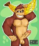 abs anthro ape balls banana belt biceps breasts brown_body brown_fur donkey_kong_(character) donkey_kong_(series) donkey_kong_bananza erection flexing flexing_bicep food fruit fur genitals gorilla hand_on_belt haplorhine hi_res male mammal monkey muscular navel nintendo nipples nude nude_male penis plant portrait primate relic simple_background smile smiling_at_viewer solo tan_body tan_skin three-quarter_portrait vein veiny_penis welp_can