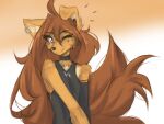 2025 4:3 anthro apogee_(tinygaypirate) arm_tattoo breasts brown_eyes brown_hair canid canine canis choker clothed clothed_anthro clothed_female clothing countershade_torso countershading digital_media_(artwork) domestic_dog ear_piercing female front_view fur gauged_ear hair hi_res inner_ear_fluff jewelry long_hair mammal necklace one_ear_up one_eye_closed piercing simple_background small_breasts smile solo tan_body tan_fur tattoo tinygaypirate tuft