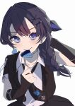  1girl arm_up black_hair black_jacket black_necktie black_skirt blue_eyes braid closed_mouth clothes_grab collared_shirt commentary dress_shirt hair_ornament hair_over_shoulder highres i_do_me!_(love_live!) jacket link!_like!_love_live! long_hair looking_at_viewer love_live! mouth_hold murano_sayaka necktie neckwear_grab official_alternate_costume official_alternate_hairstyle pleated_skirt plectrum plectrum_in_mouth sango_(sin5_do_sng) shirt short-sleeved_jacket short_sleeves side_braid simple_background single_braid single_sleeve skirt smile solo upper_body v-shaped_eyebrows virtual_youtuber white_background white_shirt x_hair_ornament 