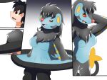 2017 4:3 anthro biped black_hair black_markings blue_body bottomwear breasts cargo_pants clothed clothing colored comic featureless_breasts featureless_crotch female female_anthro gender_transformation generation_4_pokemon goo_transformation hair hand_behind_head hand_on_hip hand_on_own_hip hi_res hoop_transformation human human_to_anthro john_(swack16) kirara_(swack16) looking_at_viewer luxray male male_human mammal markings mtf_transformation nintendo nude open_mouth pants pokemon pokemon_(species) red_sclera shirt simple_background smile solo species_transformation standing tail topwear transformation transformation_ring transformation_sequence tuft wolferion yellow_eyes yellow_inner_ear yellow_markings