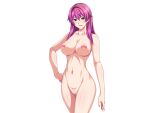  1girl aqua_eyes breasts censored collarbone completely_nude cowboy_shot game_cg gentle_sasaki hand_on_own_hip large_breasts long_hair looking_at_viewer mosaic_censoring navel nipples non-web_source nude official_art open_mouth pink_hair purple_hair pussy shindou_hatsune smile solo soukou_senki_prism_reica transparent_background 