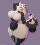 anthro belly big_belly big_breasts bow_tie breasts button_(fastener) clothing cuffs_(clothing) digital_media_(artwork) ears_down eni_siverets_(last_fables) female fur glistening glistening_clothing hair hair_over_eye hand_over_head hare hat headgear headwear hi_res hiverdose holding_clothing holding_hat holding_headgear holding_headwear holding_object huge_breasts huge_thighs lagomorph last_fables legwear leotard leotard_under_clothing leporid long_ears looking_at_viewer magic_trick magic_user magic_wand magician magician_hat mammal orange_eyes pivoted_ears recursion scut_tail shirt short_tail simple_background smile smiling_at_viewer solo stage_magician stockings summoning tail thick_thighs thigh_highs tight_clothing top_hat topwear vest white_body white_fur white_hair wide_hips