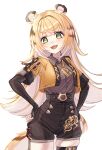  1girl absurdres animal_ear_fluff animal_ears black_gloves black_shirt blonde_hair collared_shirt cropped_jacket fang fingerless_gloves gloves green_eyes hands_on_own_hips high-waist_shorts highres jacket ju_fufu lala_2080 long_hair looking_at_viewer multicolored_fur multicolored_hair open_mouth shirt shorts smile solo striped_fur striped_hair tail thigh_strap tiger_ears tiger_girl tiger_stripes tiger_tail white_background yellow_jacket zenless_zone_zero 