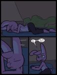 2025 amphibian anthro barefoot big_butt blue_eyes bottomwear buckteeth butt caspar_(ultilix) chest_tuft clothed clothing comic crossed_arms dialogue duo english_text feet frog fur green_body green_skin grey_bottomwear grey_clothing grey_pants hair hi_res inside lagomorph leporid lying male mammal night nude on_side onomatopoeia open_mouth pants pink_body pink_fur pink_hair pink_skin rabbit short_tail sleeping sleeping_bag sound_effects speech_bubble tail teeth tent text topless tuft ultilix waking_up wes_(ultilix) white_body white_fur yellow_body yellow_skin